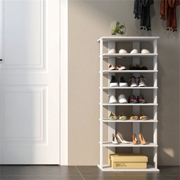 White 7 Tier Double Row Shoe Rack with Adjustable Shelves Anti Tipping Narrow Storage Unit for Entryway Closet