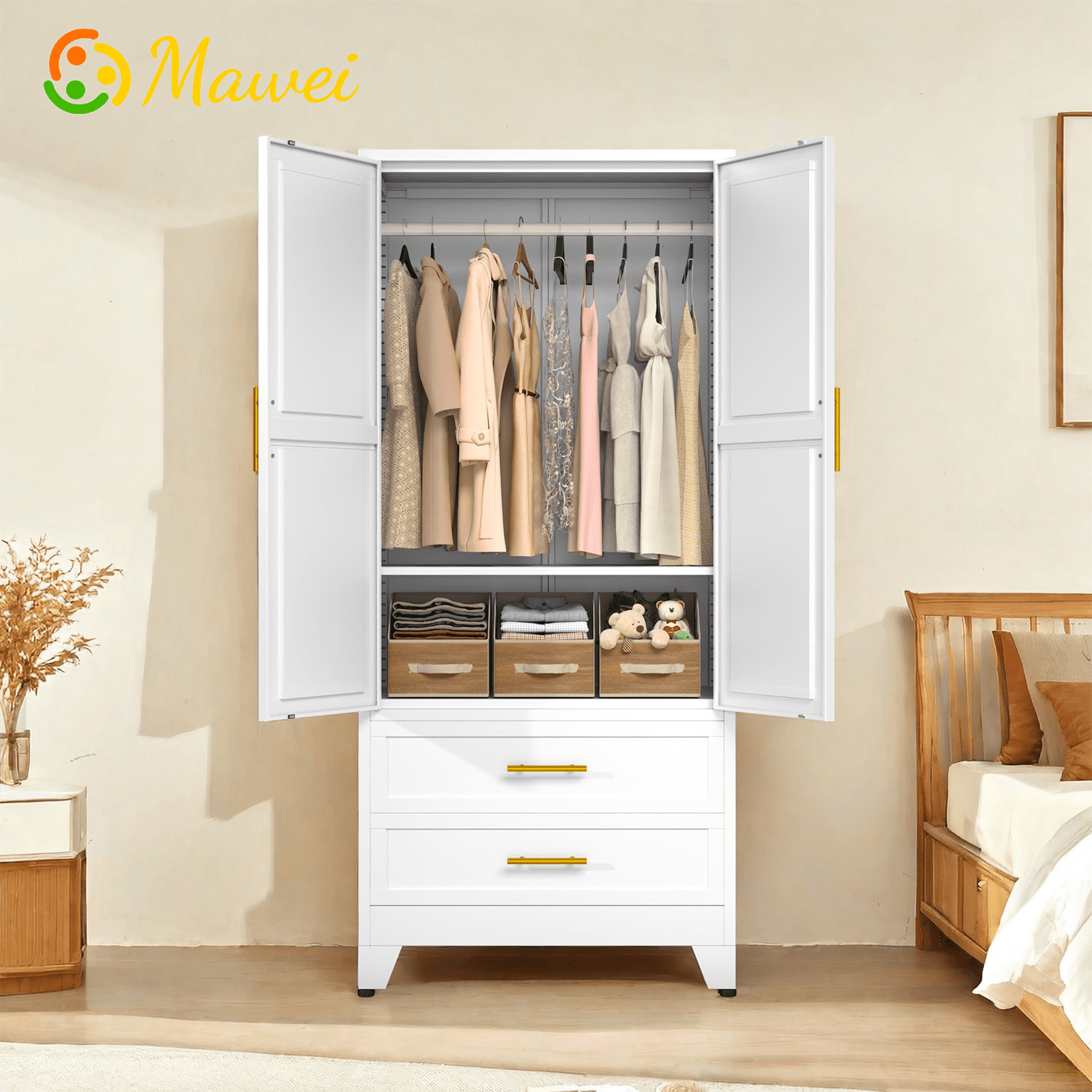 White 71" Metal Armoire Wardrobe Closet, Bedroom Clothing Storage