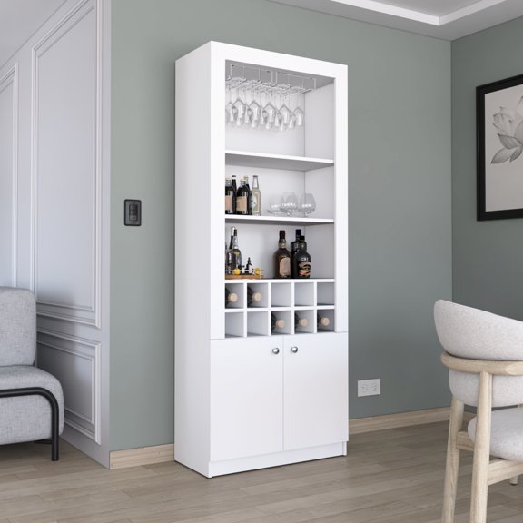 White 74-inch Tall Bar Cabinet With 4 Shelves And 10 Wine For Office , Color