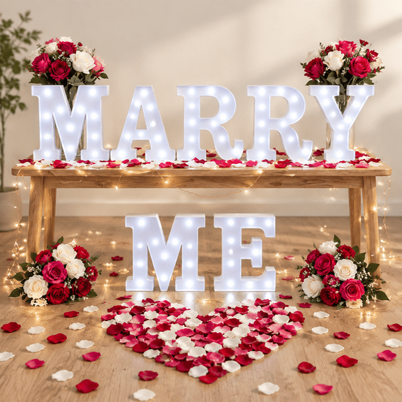 White 8.66" Marry Me LED Letter Light Party Decoration Kit with Rose Petals
