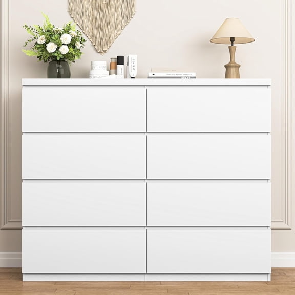 White 8-Drawer Dresser for Bedroom, 47.2" Wide High Gloss Lacquer Chest of Drawers, Modern Handleless Storage Cabinet with Deep Drawers, Modern Dresser for TV Stand, Living Room Office, Hallway