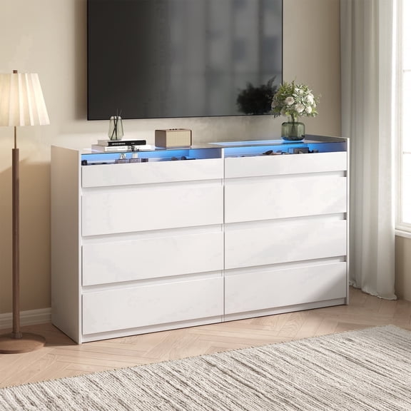 47.2" W White Modern 8-Drawer Dresser, Glass Top with LED Light, for Bedroom,Living Room,Hallway