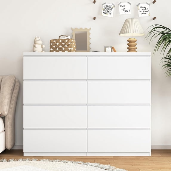 White 8 Drawer Dresser for Bedroom,Modern Large Deep Drawer Dresser with No-Handle,Storage Chest of Drawer,Wood Bedroom Storage Organizer Furniture for Living Room,Closet