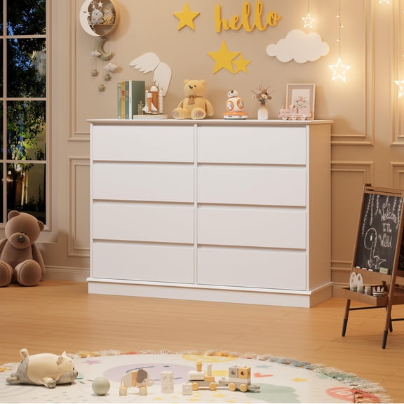 White 8 Drawer Dresser, Double Wide Chest of Drawers with Deep Storage & Wide Top, Horizontal Wooden Dresser for Bedroom, Living Room, Hallway or Kids Room