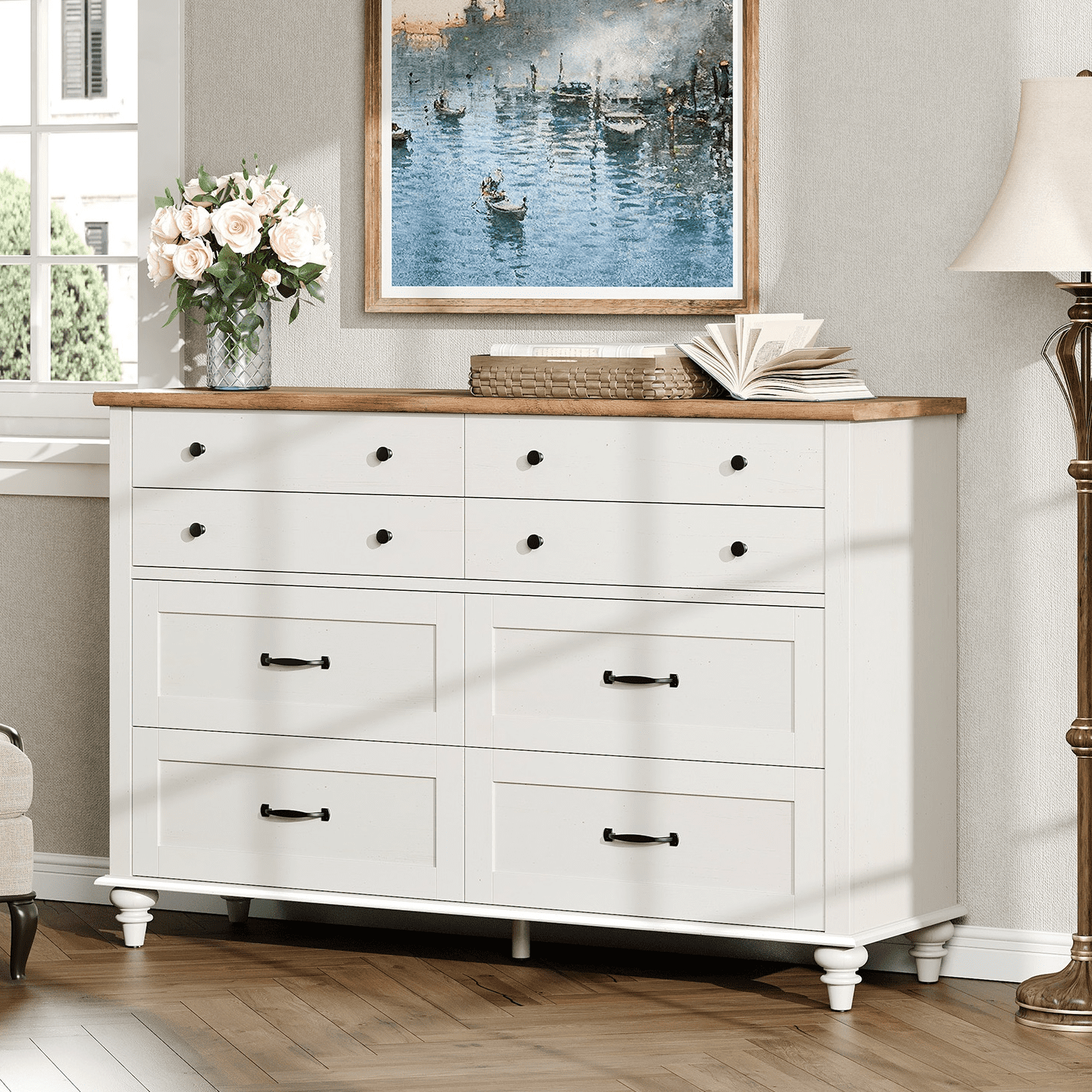 White 8 Drawer Dresser for Bedroom, Wooden Chest of Drawers for Living