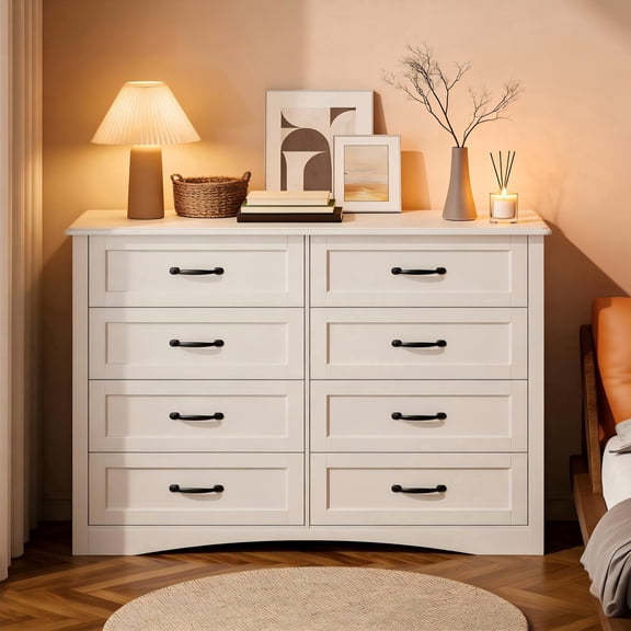 White Dresser for Bedroom, Lofka 47" Wide Luxury 8 Drawers Dresser with Black Metal Handle, Smooth Gliding, Easy Assembly, Anti-Tip