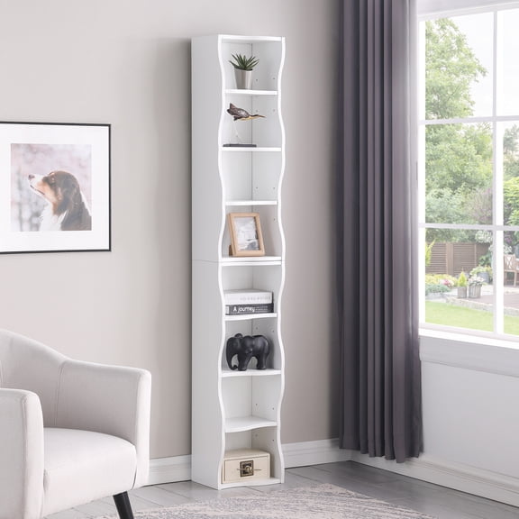 White 8-Layer Adjustable Ultra-Thin Bookshelf Wavy Border MDF Display Storage Shelf For Home Office High Narrow Space Waterproof Moisture-Proof
