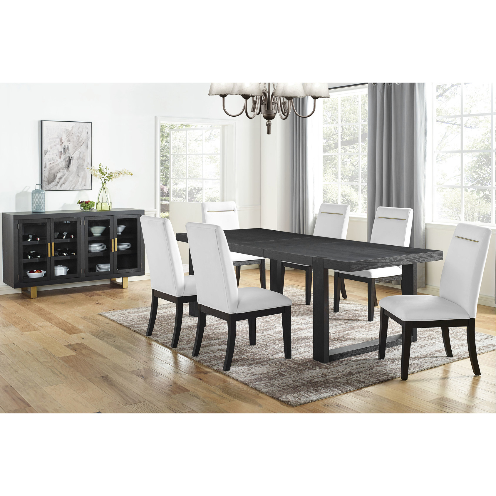 White 8 Piece Dining Set: Table, Chairs & Server | Wire - Brushed Table