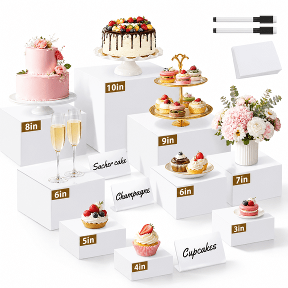 White 8-Piece Nesting Buffet Risers Set with Signage and Markers, 3" to 10" Sizes