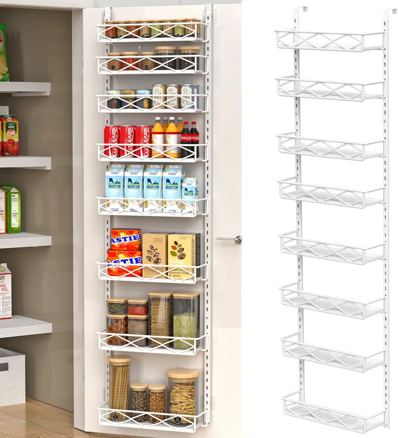 "White 8-Tier Over The Door Organizer - Adjustable Wood & Metal Pantry Storage Rack for Kitchen, Spices, Canned Goods - Space Saving Door Hanging Shelf for Cabinet or Bathroom"