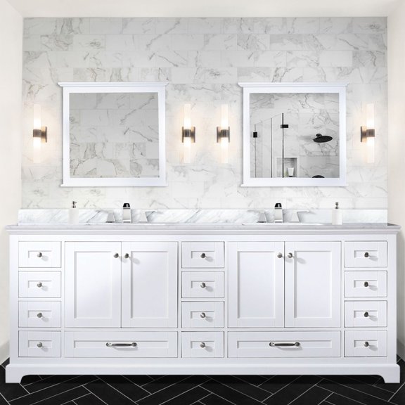White 84 In. Bath Vanity Double - Mirrors 14 Drawers & 2 Cabinets Abundant Storage Facilities Fully Assembled Cabinet 34 Areas