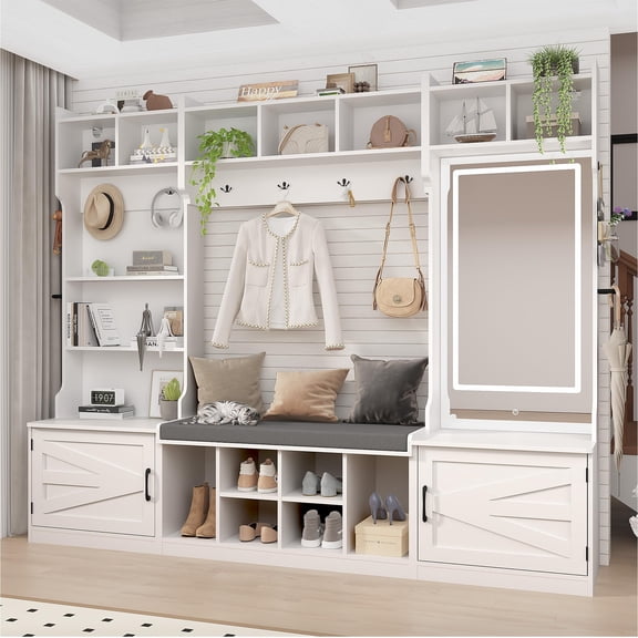 White 86.6" Wide Extra Large Farmhouse Hall Tree With LED Mirror, Bench, Storage And Umbrella Holders