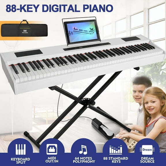 White 88Keys Electric Digital Piano Keyboards Fully Weighted Hammer Action with Sustain Pedal,Stand,Portable Case