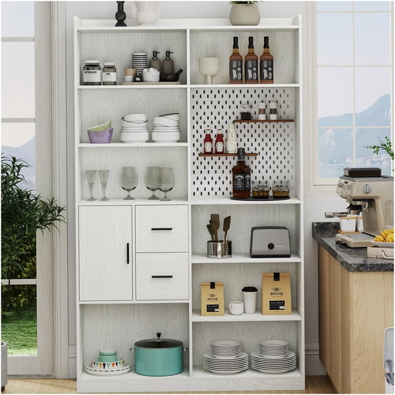 White 9-Cube Bookshelf with Pegboard & Drawers, Freestanding Storage Cabinet Organizer with Shelves for Kitchen, Living Room, Dining Room