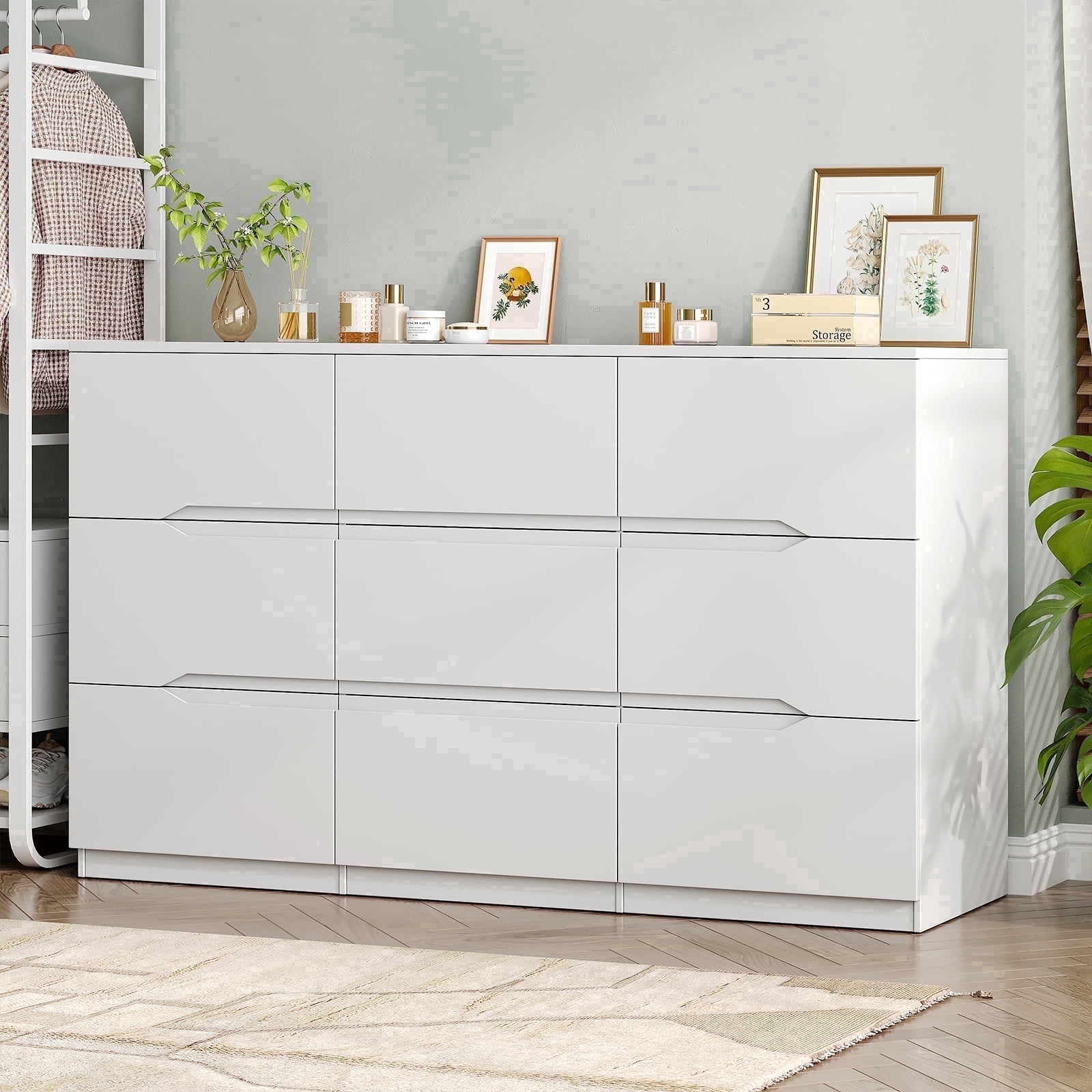60.3 Inch Wide Modern White 9-Drawer Dresser, Spacious Storage Chest for Bedroom
