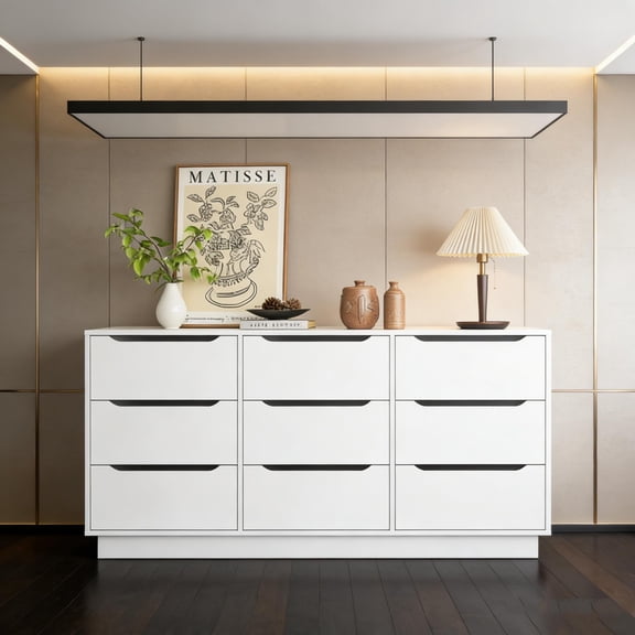 White 9-Drawer Dresser with Deep Drawers, Large Modern Storage Chest for Bedroom, Living Room or Closet, Ample Space for Clothes and Linens