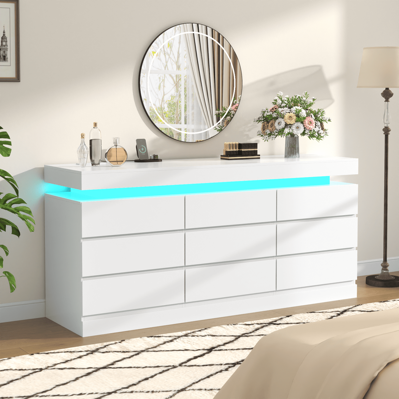 White Modern 9-Drawer Dresser with LED Lights