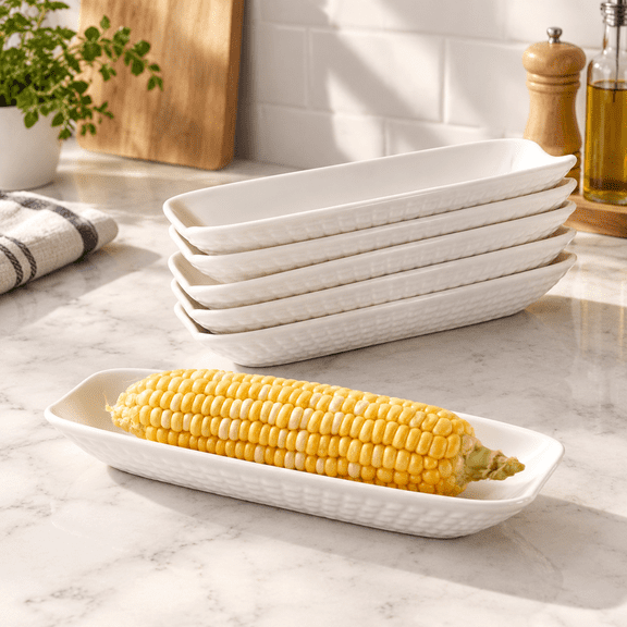 White 9 Inch Set of 6 Ceramic Serving Plates for Corn, Snacks, and Side Dishes