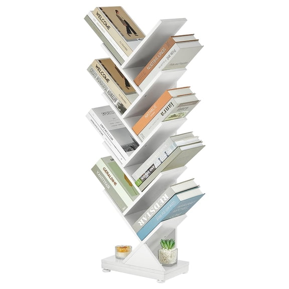 White 9-Tier Tree Bookshelf, Floor Standing Display Shelf For Books, Magazines, CDs – Modern Leaning Ladder Bookcase