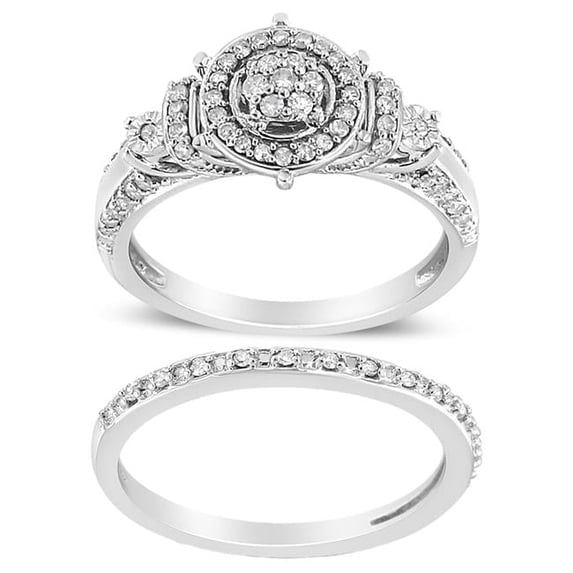 White .925 Sterling Silver 0.33 CTTW Diamond 7 Stone Cluster & Halo Engagement Ring & Wedding Band Set, I-J Color - I1-I2 Clarity - Size 7