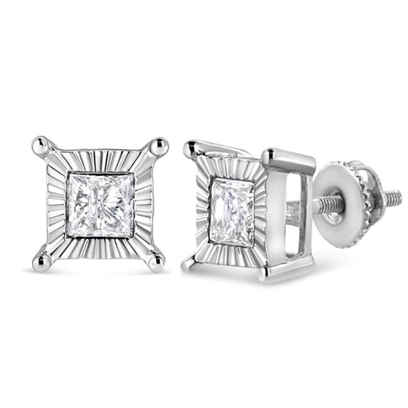 White .925 Sterling Silver 1.0 CTTW Miracle Set Princess-cut Diamond Solitaire Stud Earrings, H-I Color - I2-I3 Clarity