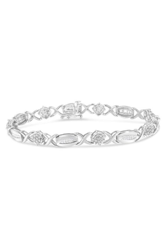 White .925 Sterling Silver 1.0 CTTW Round-Cut & Baguette-Cut Diamond X-Link Bracelet, I-J Color - I1-I2 Clarity - 7 in.