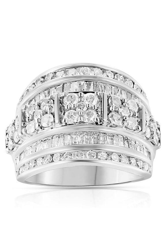 White .925 Sterling Silver 2.0 CTTW Round & Baguette Cut Diamond Multi-Row Channel Set Tapered Cocktail Fashion Ring, I-J Color - I3 Clarity - Size 8