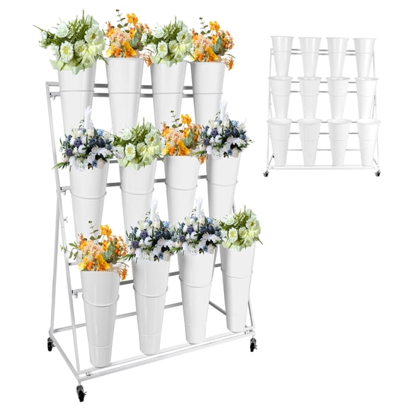White A-Frame Flower Display Rack, Mobile 3-Tier Flower Bar, 12 Water Storage Buckets, Solid Welded Metal Cart, For Patio Yard, Wedding Events & Florist Retail Stands