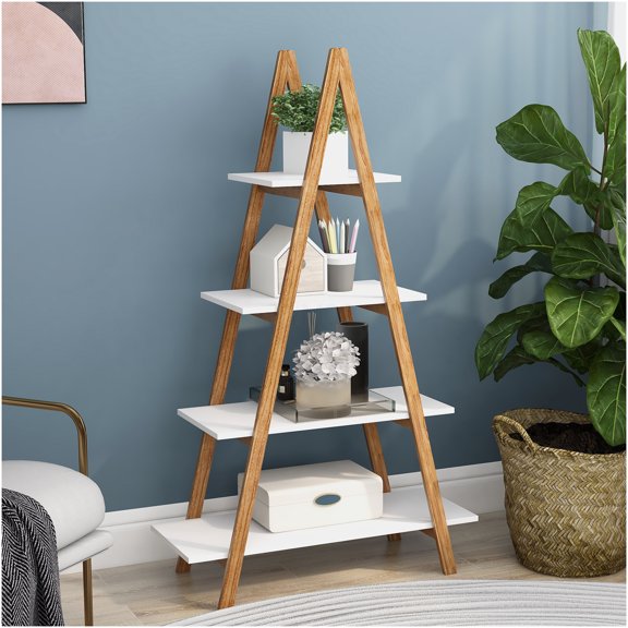 White A-Frame Ladder Bookshelf, 4-Tier Bamboo Wood Display Shelf with MDF Board, Open Storage Rack for Living Room, Office
