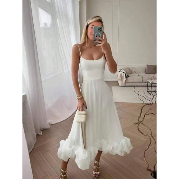 White A-Line Midi Dress With Ruffled Hem And Spaghetti Straps