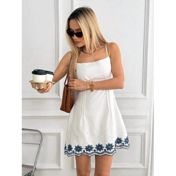 White A-Line Spaghetti Strap Mini Dress With Blue Floral Eyelet Embroidery, Casual Vacation Sundress For Women