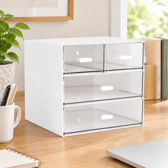 White ABS Plastic 4-Drawer Makeup Organizer for Vanity, Bathroom, and Desk