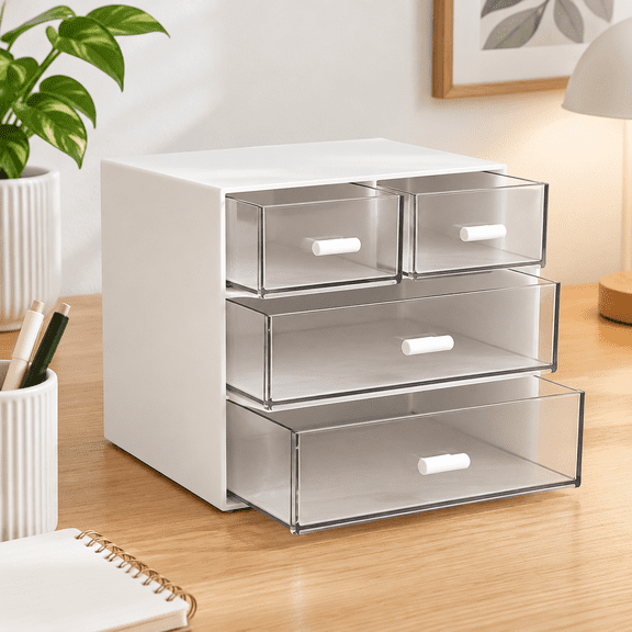 White ABS Plastic 4-Drawer Makeup Organizer for Vanity, Desk, and Bathroom Counter