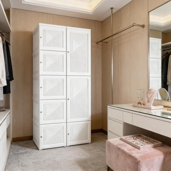 White ABS Polypropylene Portable Modular Storage Wardrobe 6 Cube Compartments Magnetic Door Hanging Rod Closet Organizer for Bedroom Entryway