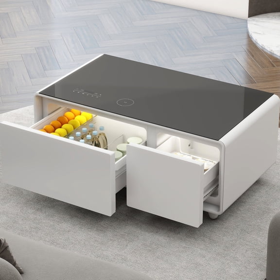 White ABS Rectangular - Dual-Zone Refrigeration with Bluetooth Sound - Living Room Relaxation - Chilled Drinks and Wireless Charging