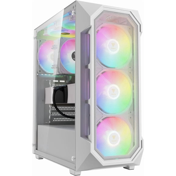 White ATX Mid Tower Gaming Computer PC Case w/Tempered Glass, Built-in 4X 120mm ARGB Fans, Support Up to 6X 120mm Fans, 360mm AIO/Radiator, 340mm GPU/VGA, 160mm CPU Air Cooler