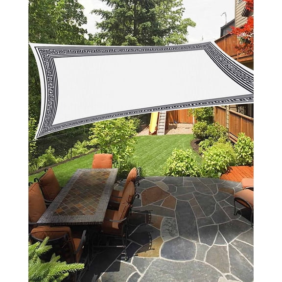 White Abstract Art Waterproof Sun Shade Sail Vintage Linen Geometric Black Greek Key Outdoor Patio Sun Shades Canopy UV Block Waterproof Sunshade for Garden Backyard Deck Pergola 8x10 Ft