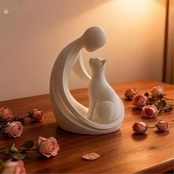 White Abstract Cat & Human Sculpture Desktop Decor, 1pc