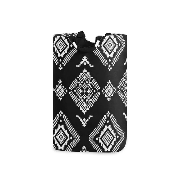 White Abstract Cubes on Black Background Laundry Basket with Handles Foldable Laundry Hamper Freestanding Washing Bin 50L