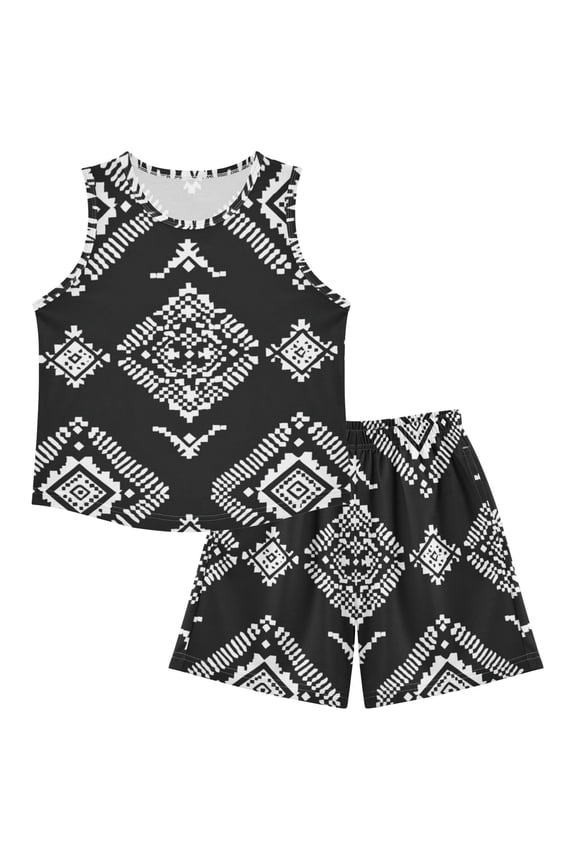 White Abstract Cubes on Black Background Pajamas Set Sleeveless Sleepwear Tank Tops with Shorts Loose Fit Lounge Wear Unisex 4Y
