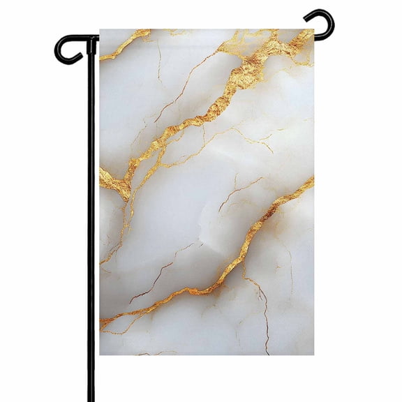 White Abstract Marble Texture Garden Flags for Outside Gold Lines Double Sided Yard Flags Outdoor House Decoration, Small 12X18 Inch,