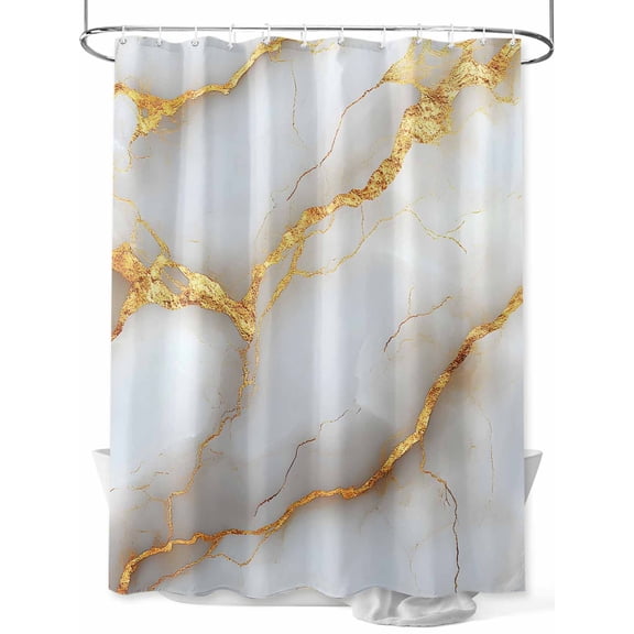 White Abstract Marble Texture Shower Curtain, Gold Lines Bathroom Decor Curtains Set with Hooks, Waterproof Fabric Home Accessories, 60 X 72 Inch Long