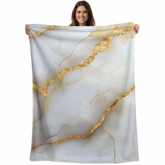 White Abstract Marble Texture Throw Blankets, Gold Lines Soft Fleece Blanket Decorative for Home Sofa Couch Chair Living Bedroom, 30x40 Inches,