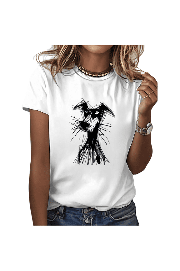 White Abstract Sketch Dog Art Funny Whimsical Dog Lover Graphic Tees Print Tshirt Shirts Casual Cute Pet Owner Tops S-5XL