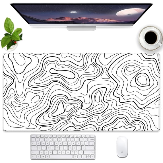 White Abstract Topographic map Desk Mat XXL Large Gaming Mouse Pad with Stitched Edges, 31.5 x 15.7 inch Extended Full Desk Keyboard and Mouse Pad Anti-Slip Computer Laptop Desk Pad