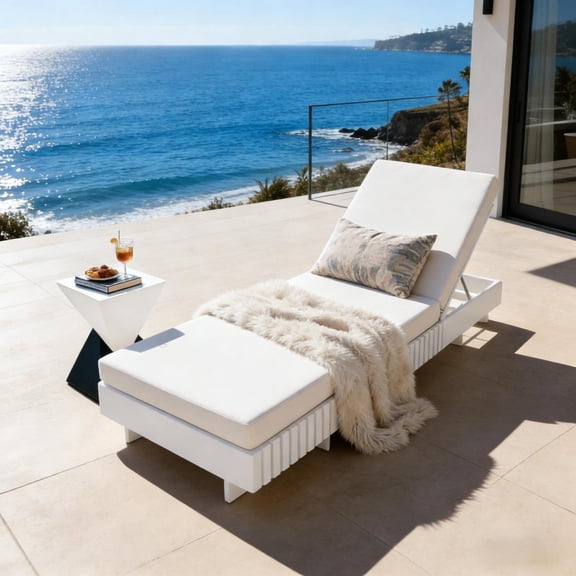 White Acacia Solid Wood Outdoor Chaise Lounge with Cream 3-Fold Water-Repellent Cushion 400lbs Capacity Modern Patio Sun Lounger for Garden Poolsid