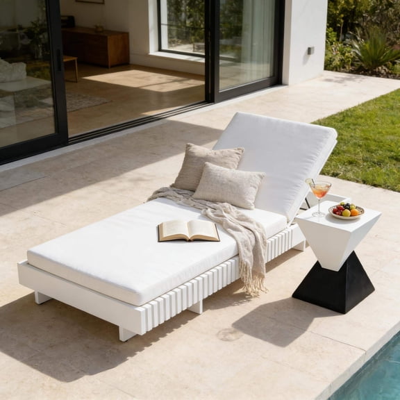White Acacia Solid Wood Outdoor Chaise Lounge with Cream Cushion, 400lbs Capacity Modern Patio Sun Lounger for Garden Poolside