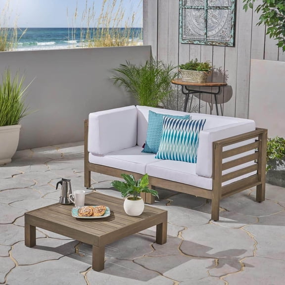 White Acacia Wood 3-Piece Patio Loveseat Set with Coffee Table for Outdoor Porch, Water-Resistant Cushions, Slatted Design