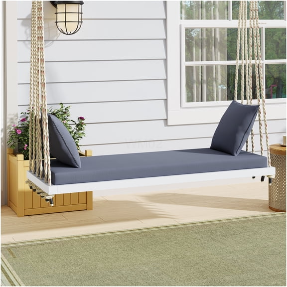 White Acacia Wood Porch Swing with Cushion and Pillows, 400lbs Capacity Hanging Chair for Garden, Patio, Backyard or Lawn