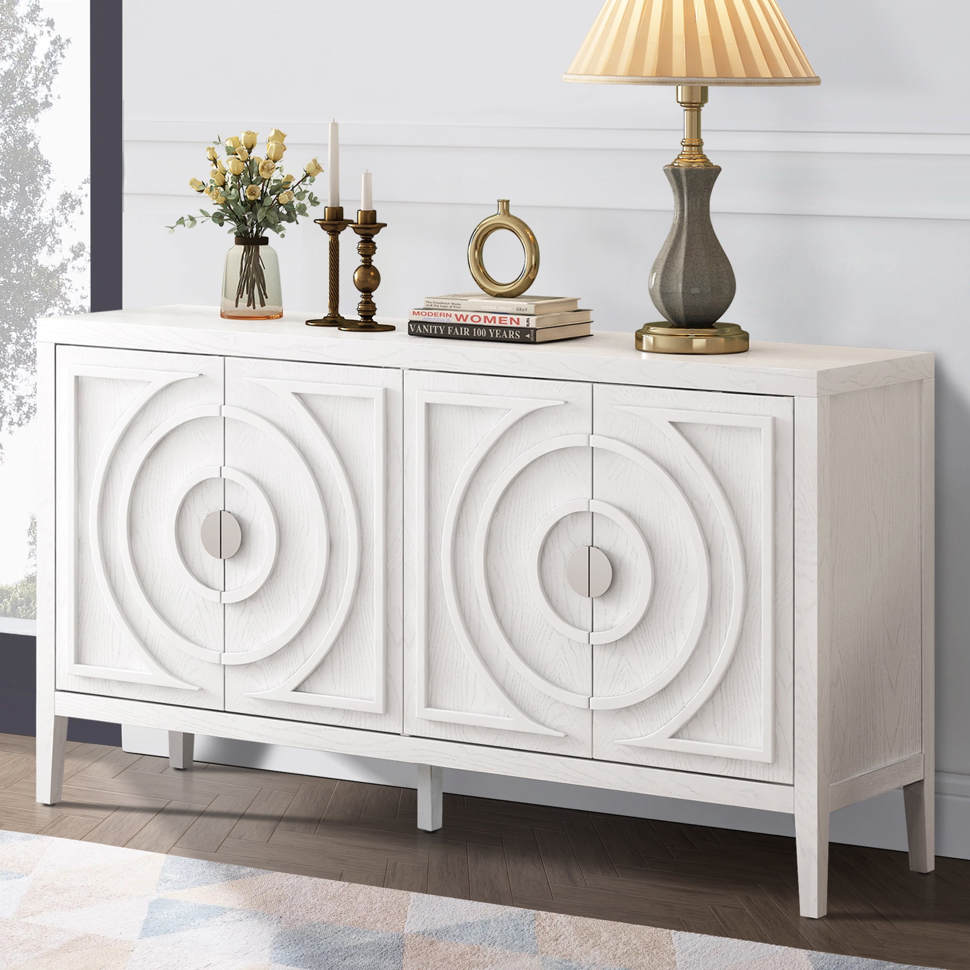 White Accent with 4 Circular Groove Doors, FURNINEST Storage